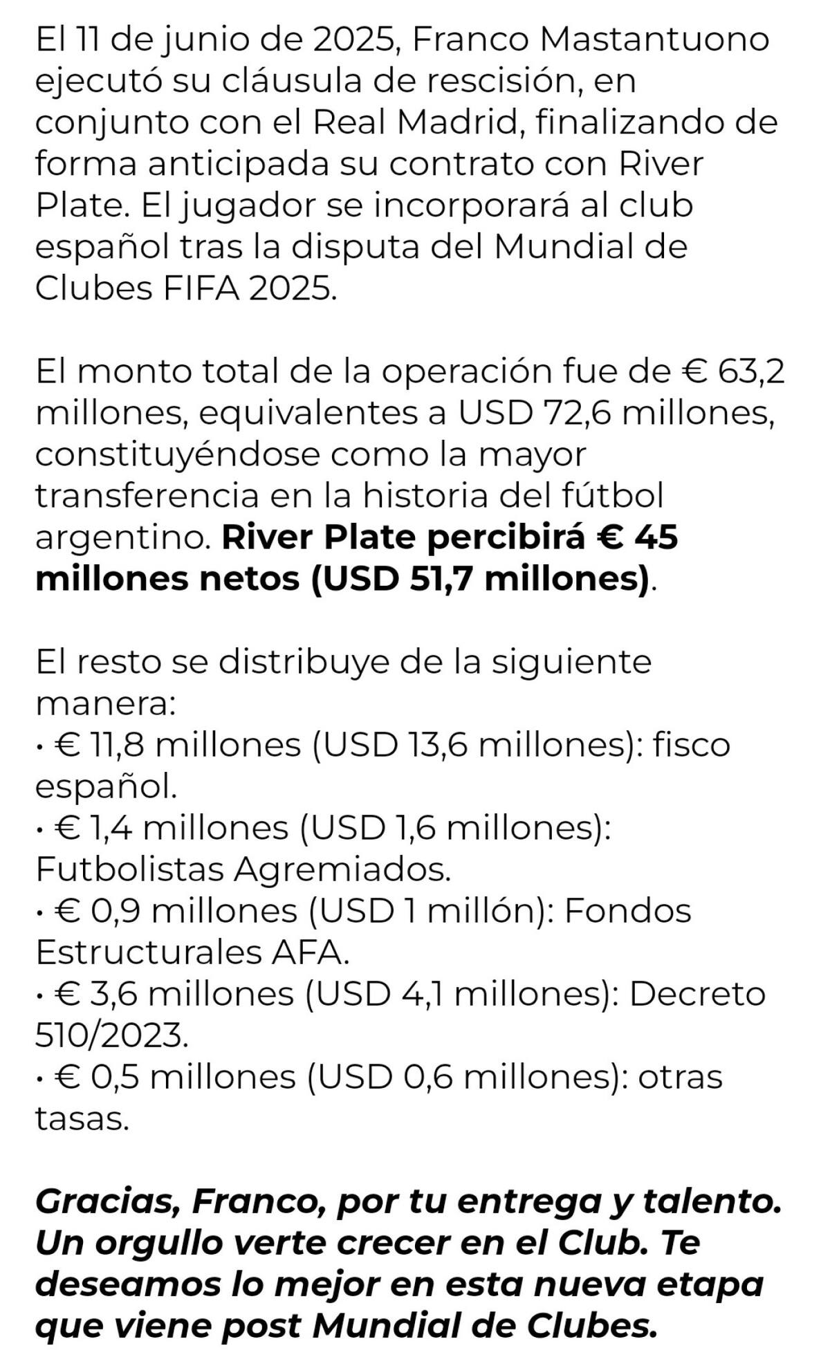 Detalles de la venta de Franco Mastantuono al Real Madrid. Foto: River Plate.