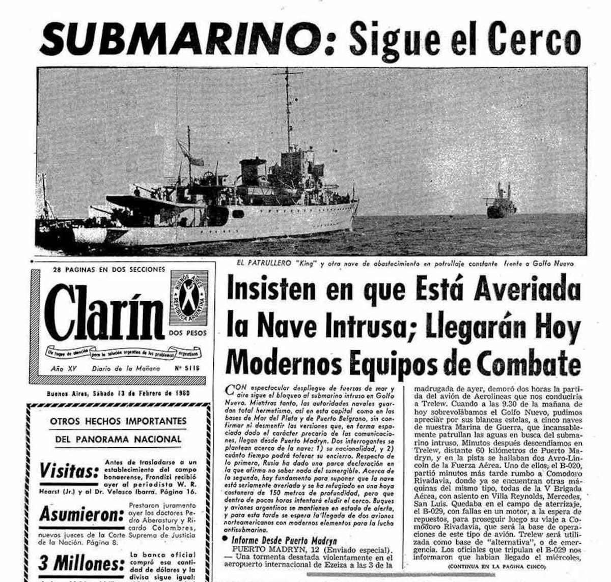 Diario Clarín sábado 13 de febrero de 1960, Submarinos rusos en Argentina