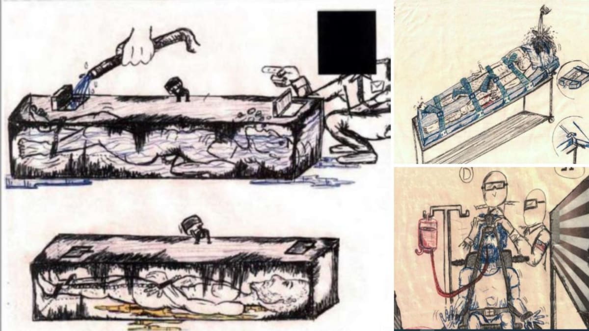Dibujos de las torturas practicadas por la CIA. Foto: Canal 26.