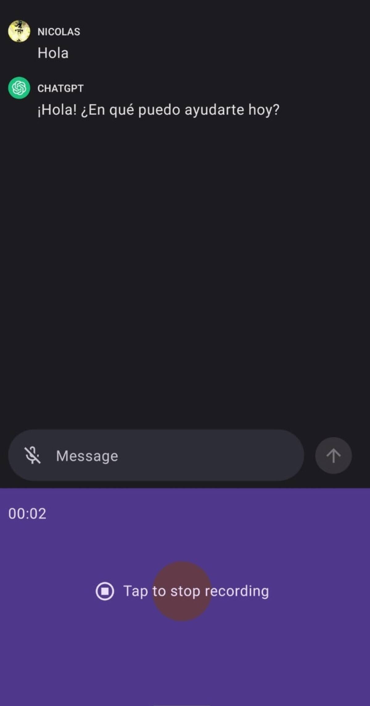 Dictado por voz en ChatGPT para Android. Foto: captura de pantalla.