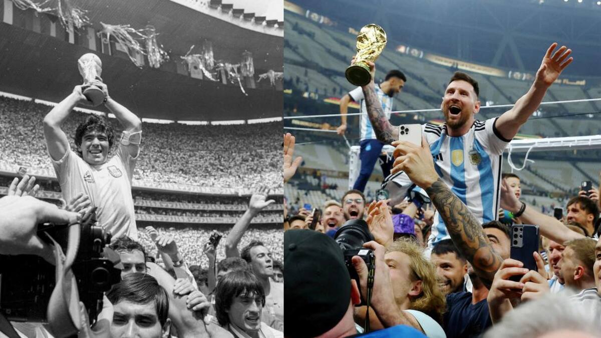 Diego Maradona y Lionel Messi con la Copa del Mundo. Foto: REUTERS.