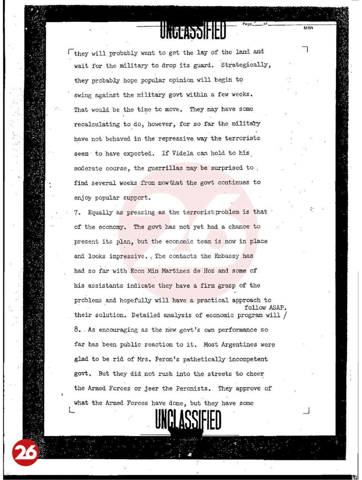 Documento desclasificado, Embajada de EE.UU. en Argentina, golpe militar de 1976