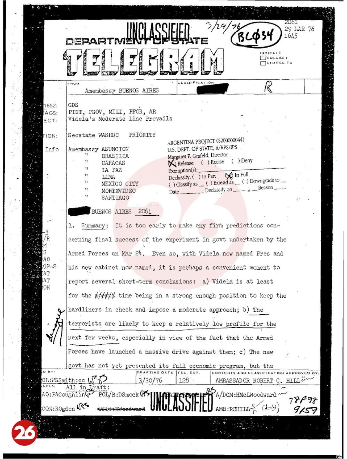 Documento desclasificado, Embajada de EE.UU. en Argentina, golpe militar de 1976