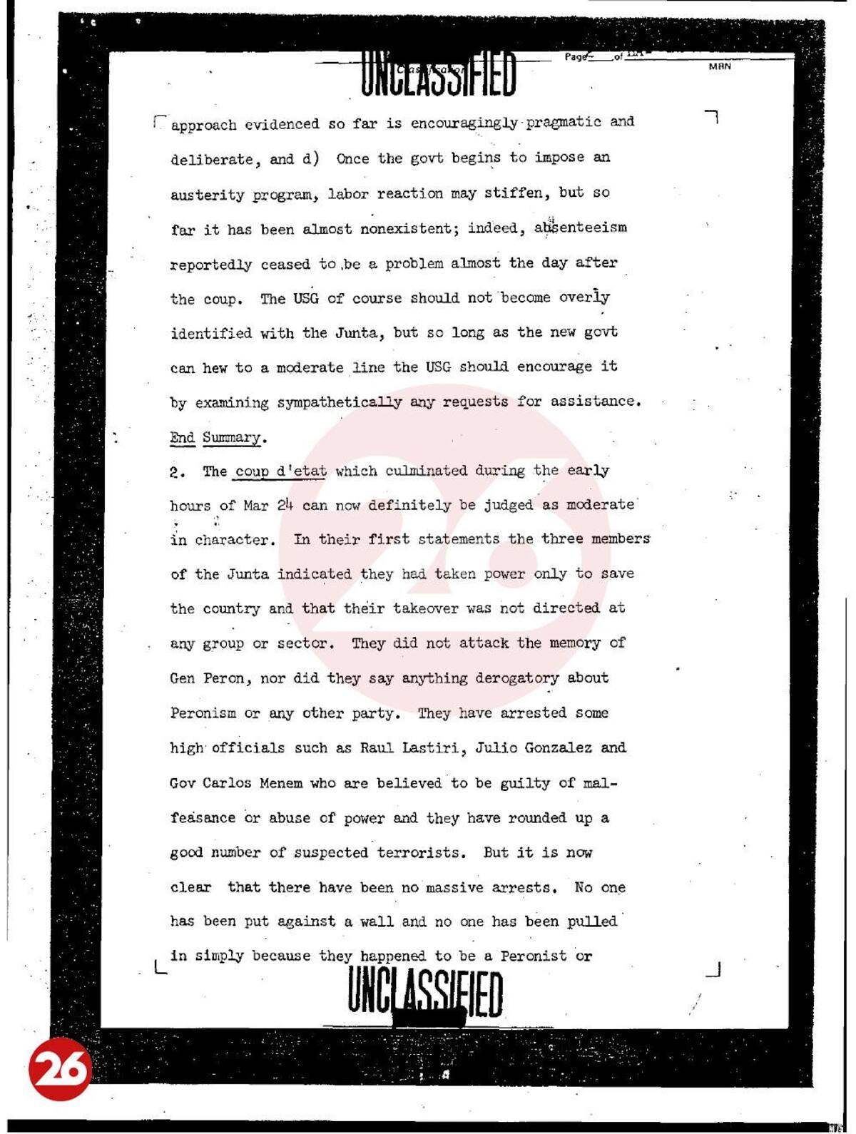 Documento desclasificado, Embajada de EE.UU. en Argentina, golpe militar de 1976
