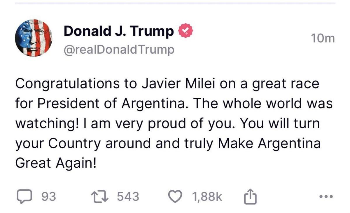 Donald Trump celebró el triunfo de Javier Milei. Foto: Truth Social.