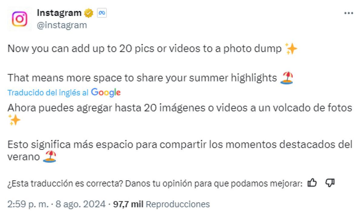 El anuncio de Instagram en X. Foto: Captura de pantalla.