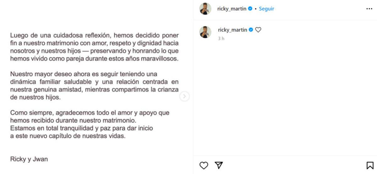 El anuncio de Ricky Martin. Foto: Instagram.