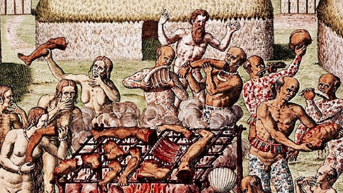 El canibalismo era practicado desde la era precolombina. Representación de Theodore de Bry de 1592