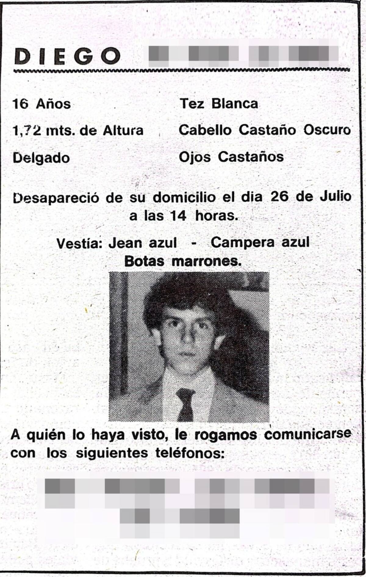 El cartel de la búsqueda de Diego en 1984.