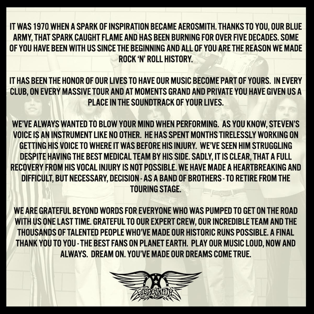 El comunicado de Aerosmith. Foto: Twitter.