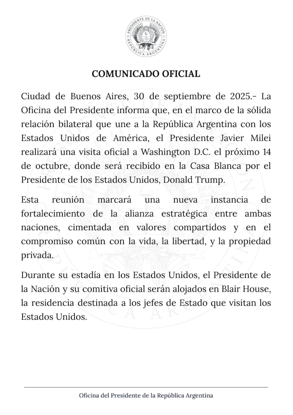 El comunicado de Cancillería sobre la reunión entre Donald Trump y Javier Milei.