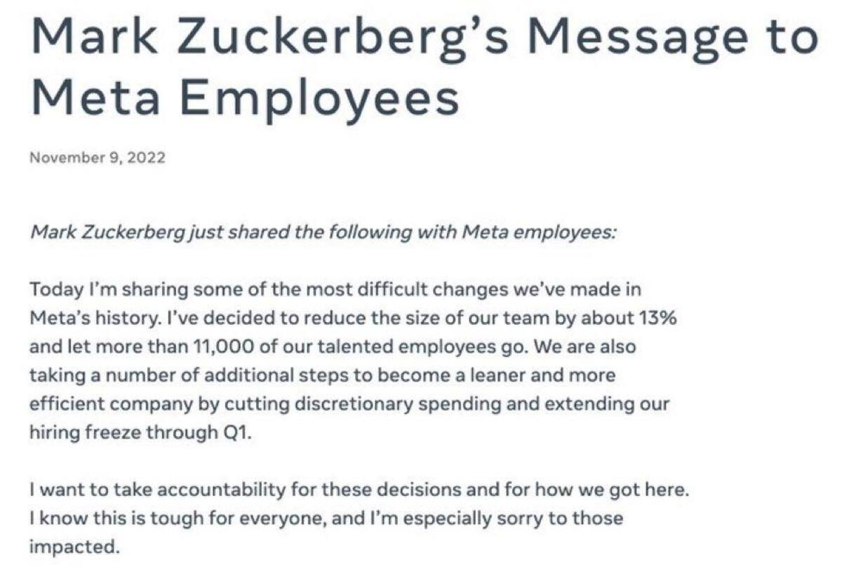 El comunicado de despido de Zuckerberg a sus empleados.