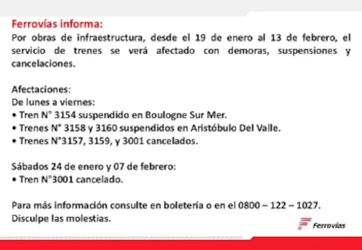 El comunicado de Ferrovías acerca de las complicaciones para viajar en el Belgrano Norte.