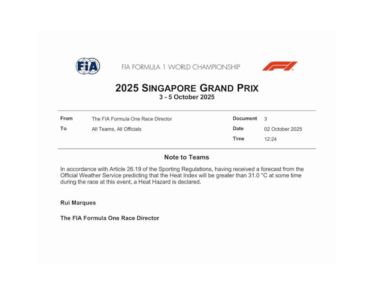 El comunicado de FIA sobre las condiciones extremas en el Gran Premio de Singapur.
