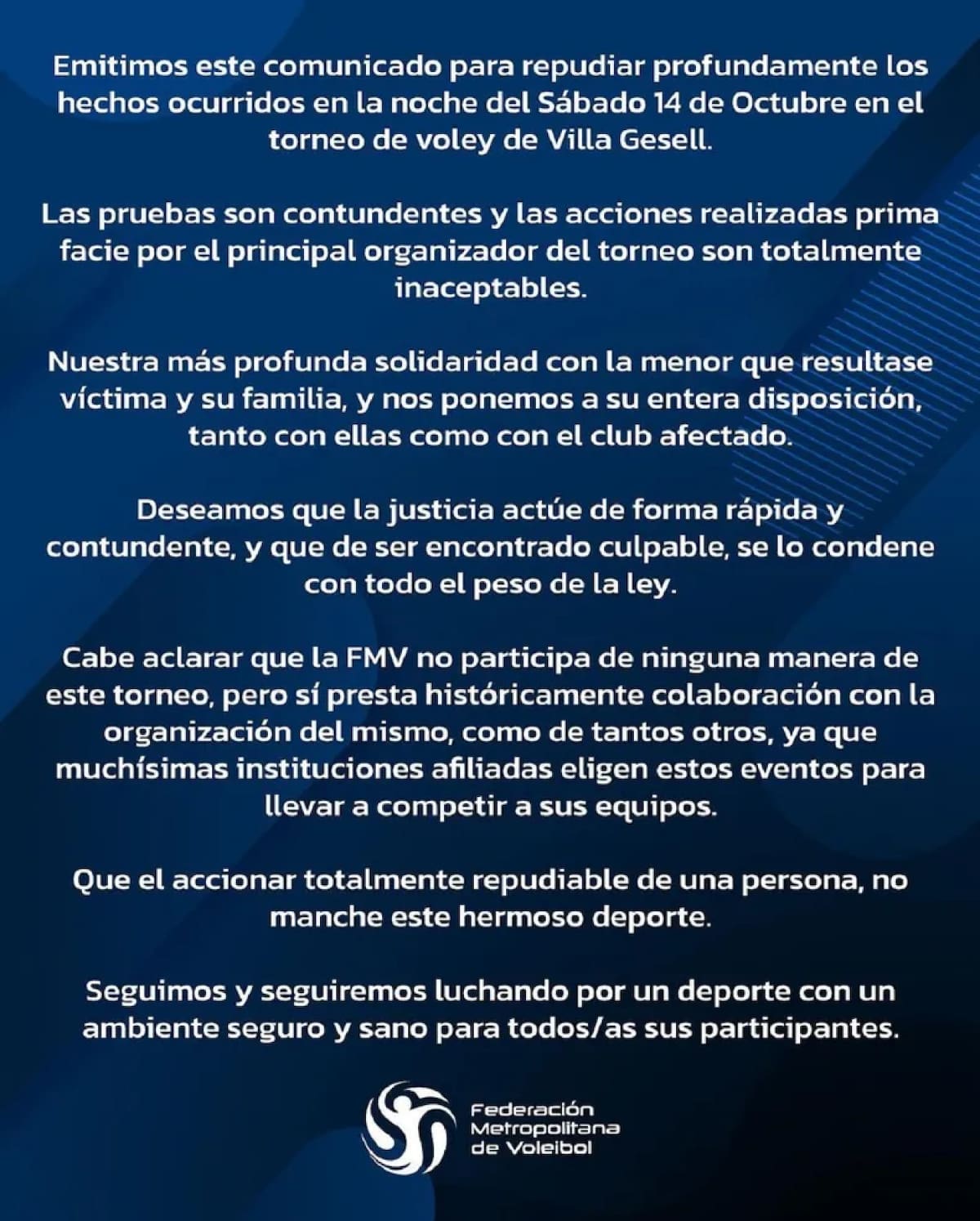 El comunicado de la FMV. Foto: Instagram @metro.voley
