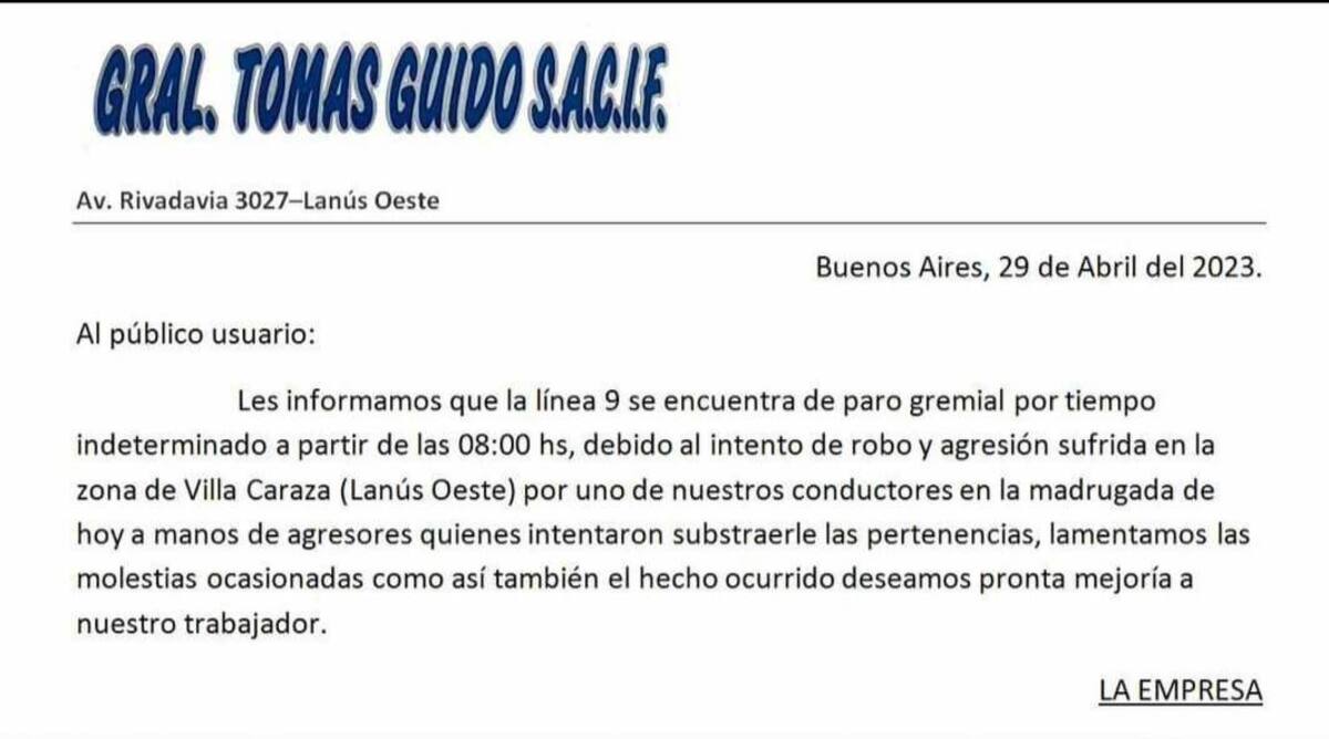 El comunicado de la Línea 9. Foto: Facebook: Choferes Línea 9.