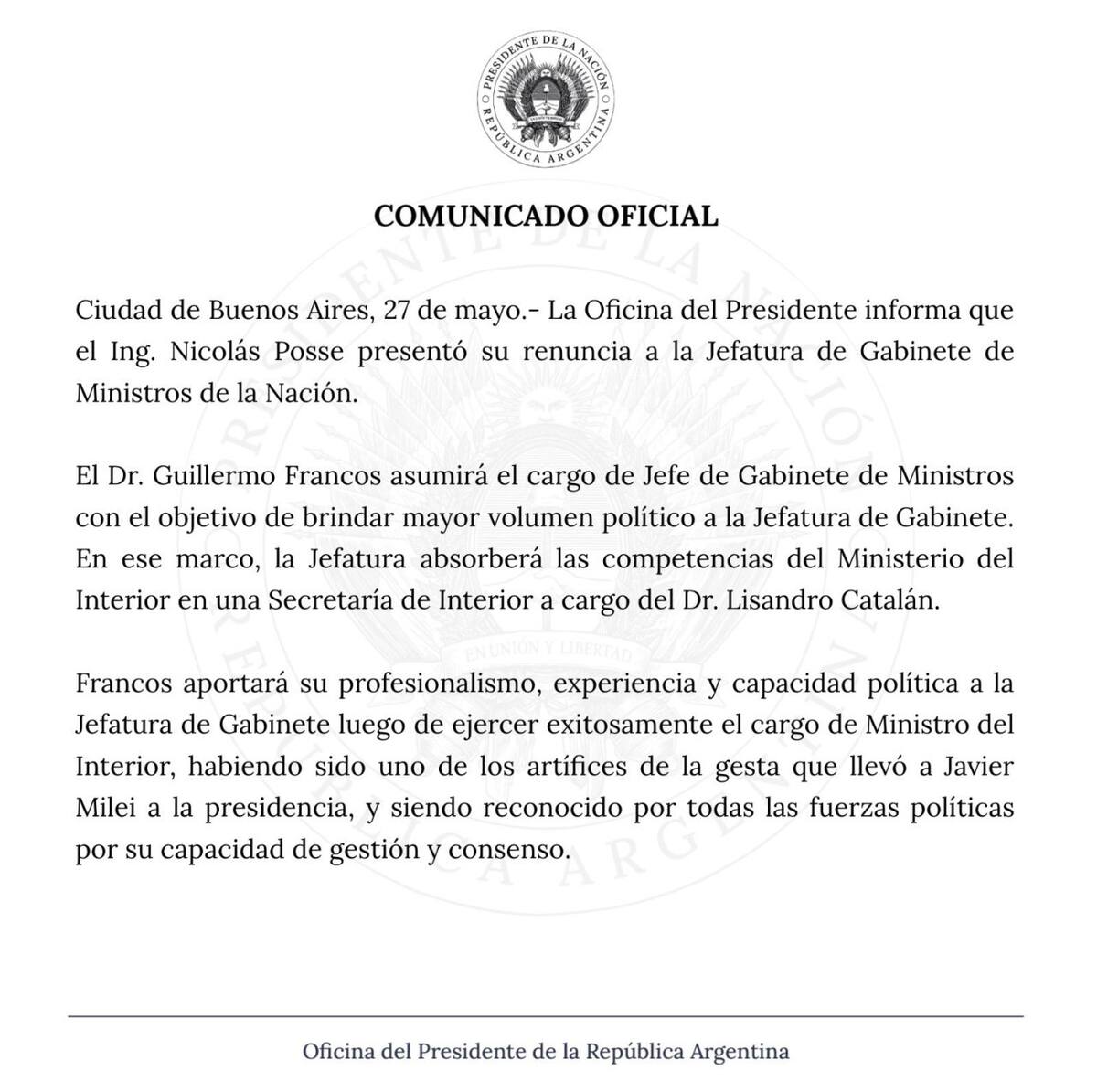 El comunicado de la Oficina del Presidente. Foto: X @OPRArgentina