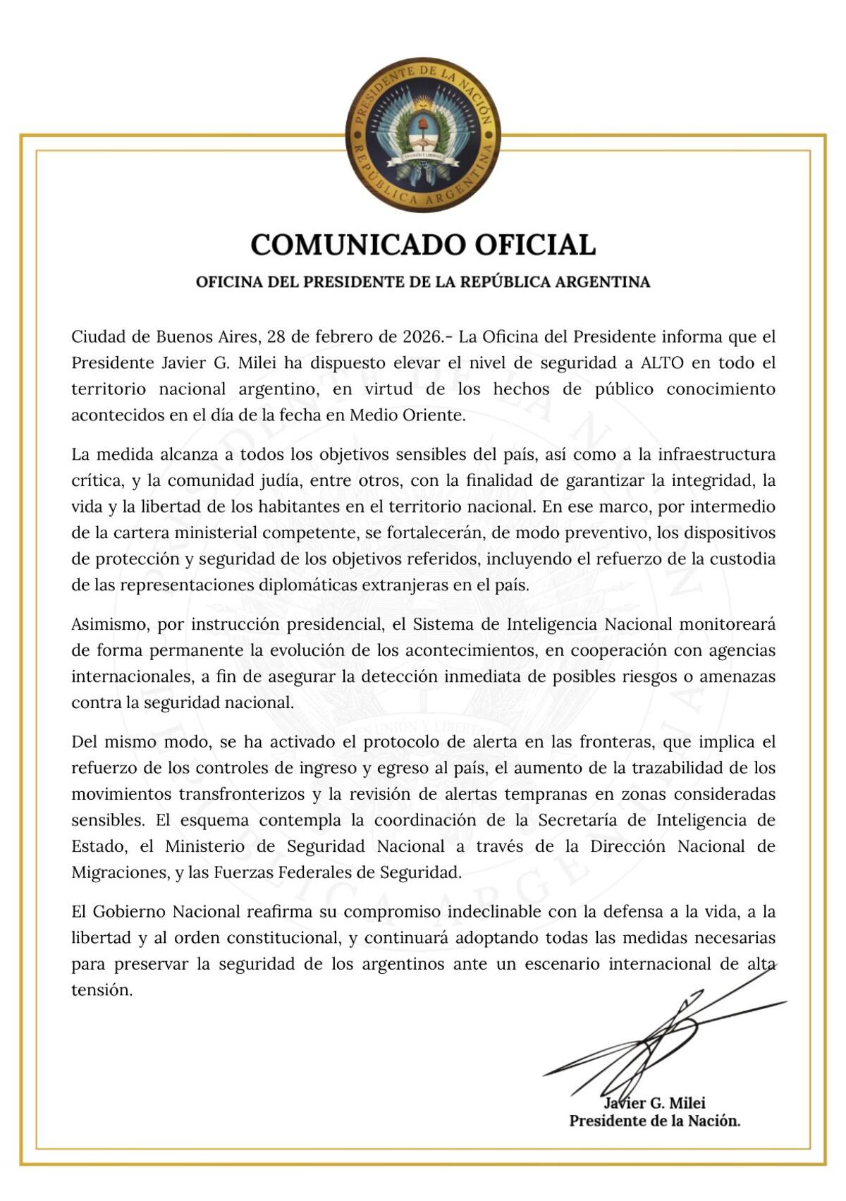El comunicado de la Oficina del Presidente sobre los ataques en Medio Oriente.