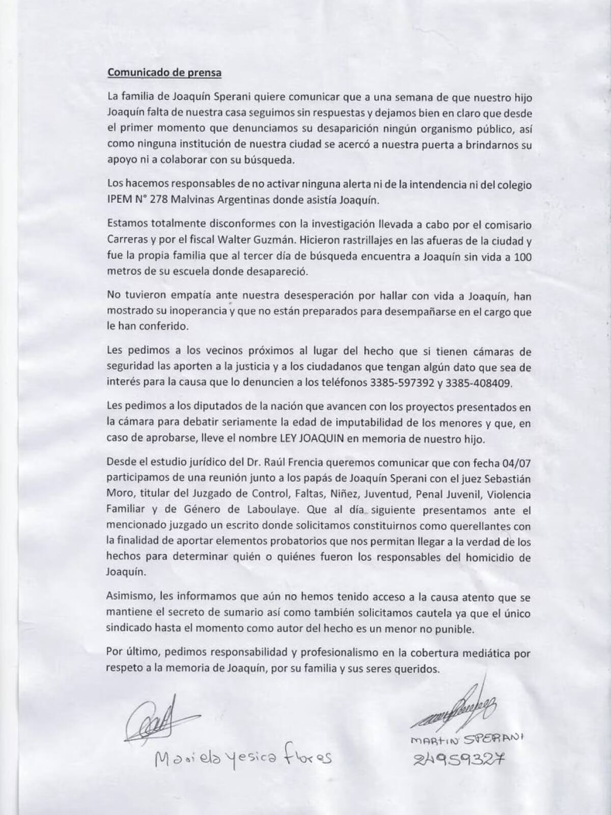 El comunicado de los padres de Joaquín. Foto: (Facebook/ FM Panamericana)