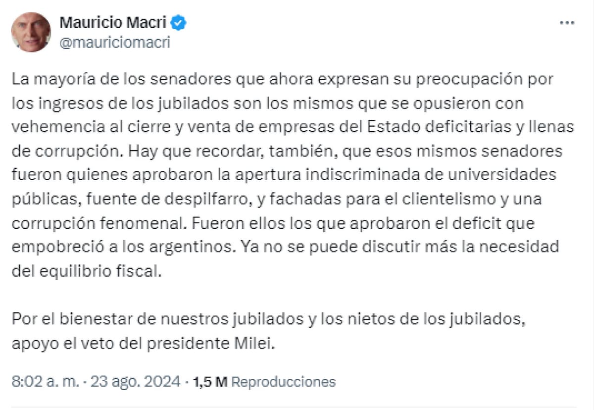 El comunicado de Mauricio Macri en apoyo a Javier Milei por el veto al aumento de jubilaciones. Foto: X.