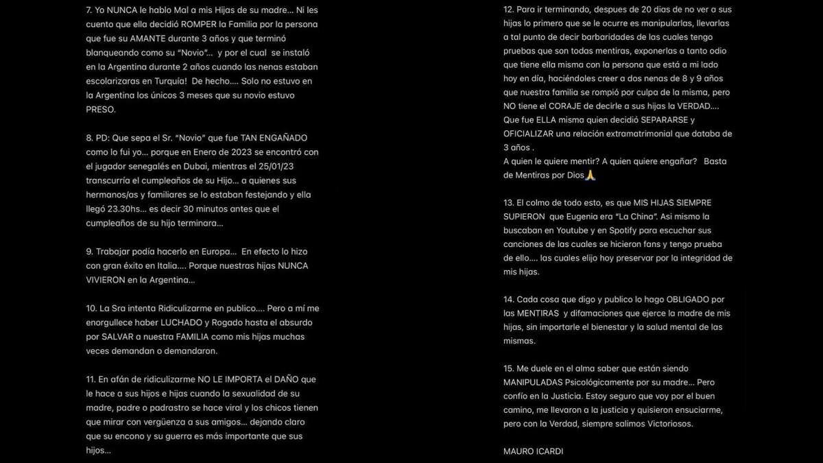 El comunicado de Mauro Icardi contra Wanda Nara. Foto: Instagram.