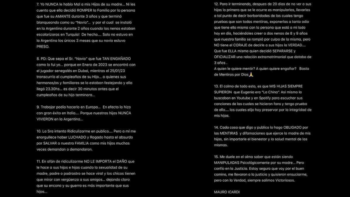 El comunicado de Mauro Icardi contra Wanda Nara. Foto: Instagram.