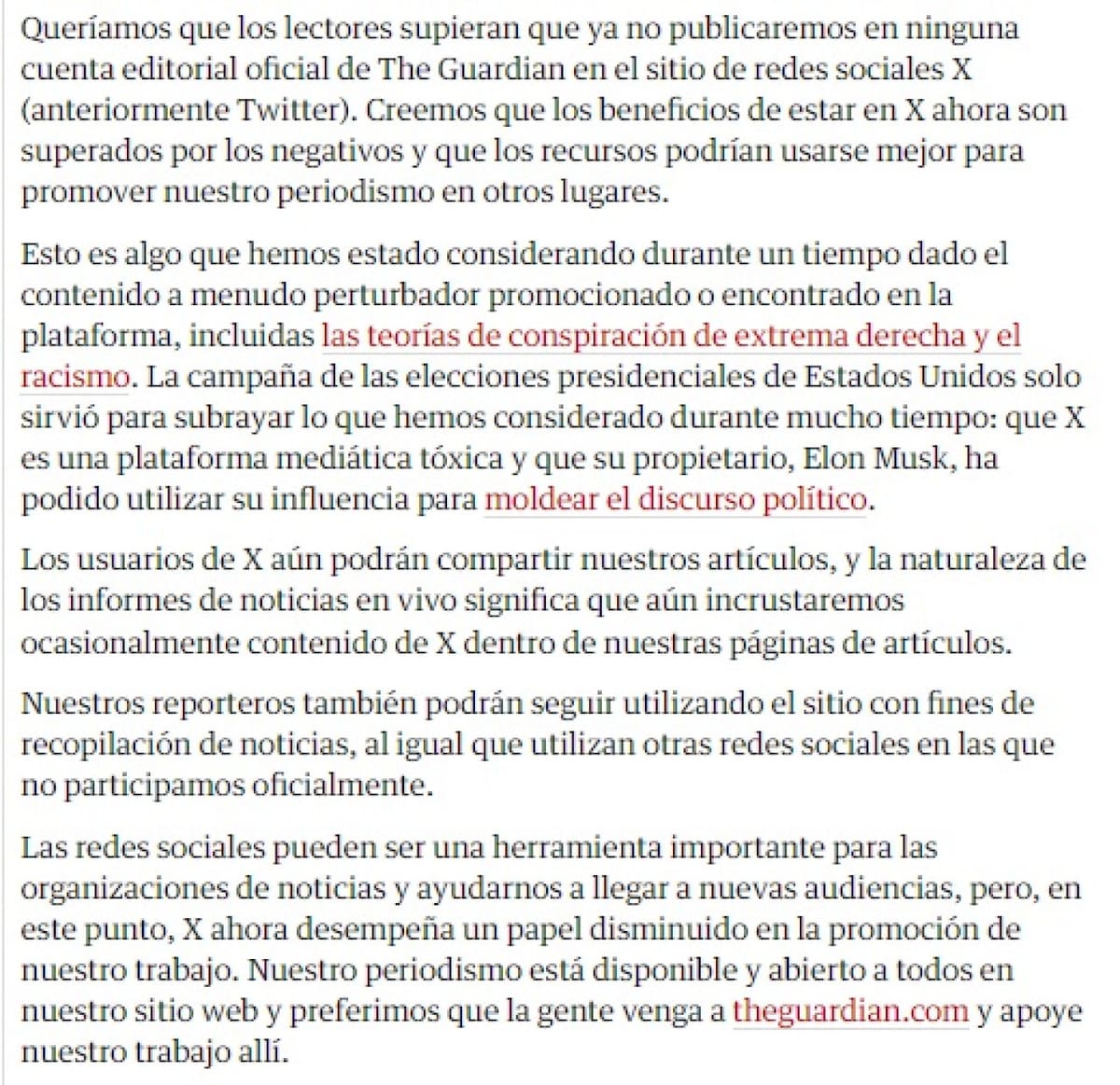 El comunicado de The Guardian tras marcharse de X. Foto: The Guardian.