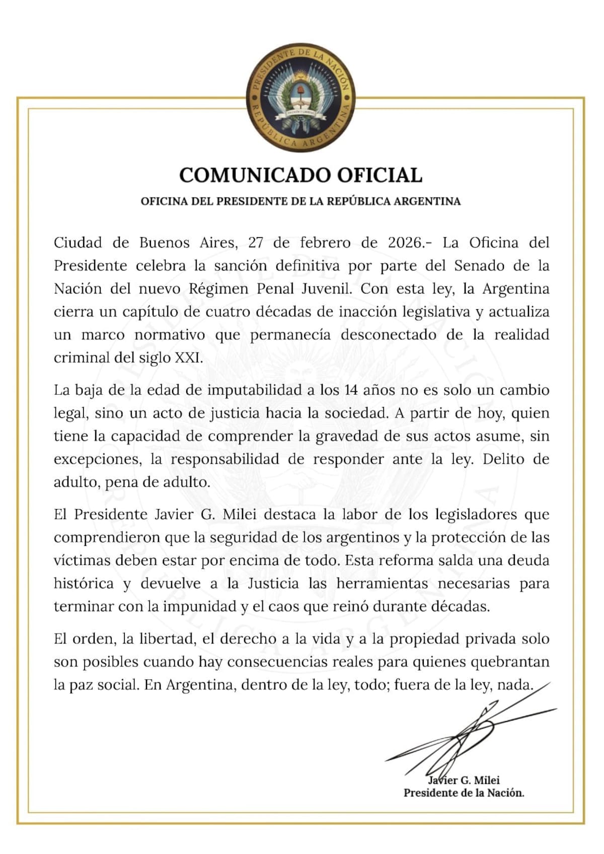 El comunicado del Gobierno tras la aprobación del Régimen Penal Juvenil.