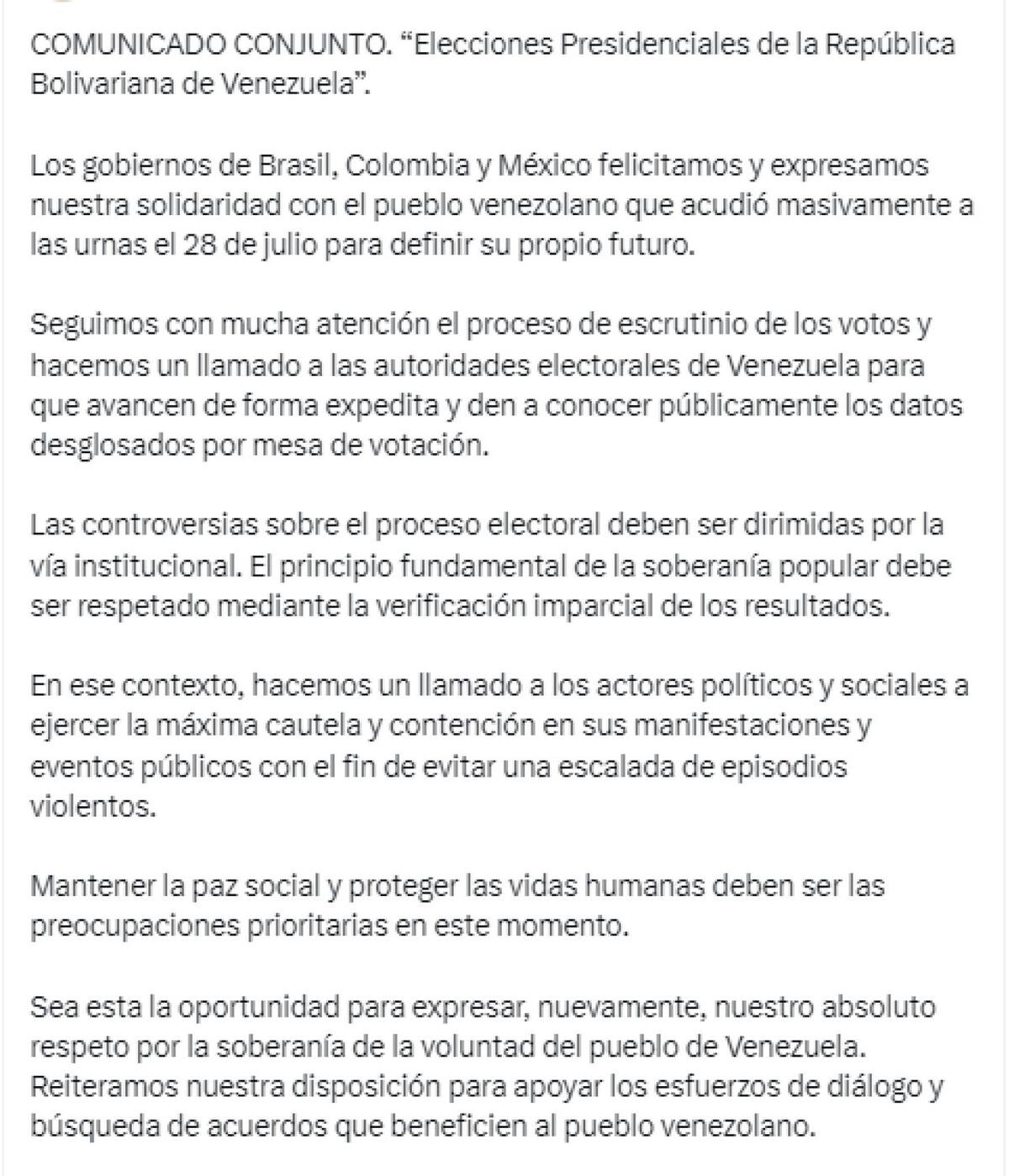 El comunicado en conjunto de Brasil, Colombia y México sobre las elecciones en Venezuela. Foto: Twitter.