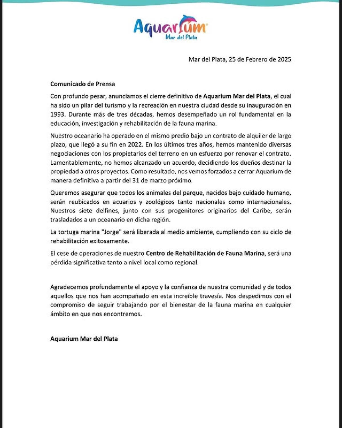 El comunicado oficial sobre el cierre del Aquarium de Mar del Plata. Foto: Instagram @aquariummdp