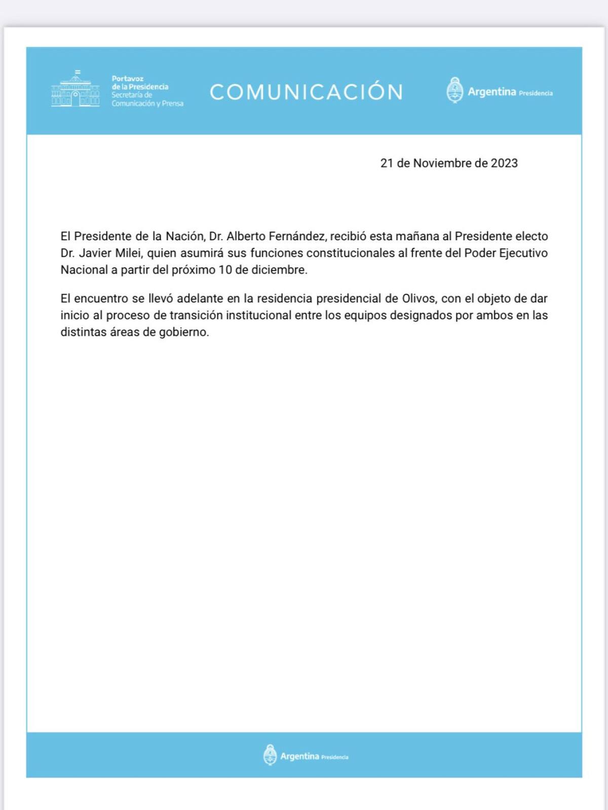 El comunicado tras el encuentro entre Javier Milei y Alberto Fernández.