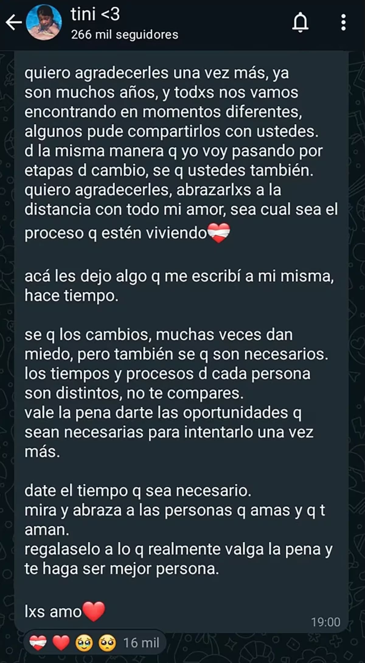El conmovedor mensaje de Tini Stoessel para sus fans. Foto: redes.