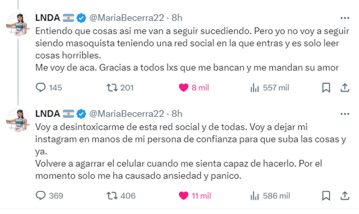 El descargo de María Becerra. Foto: Instagram.
