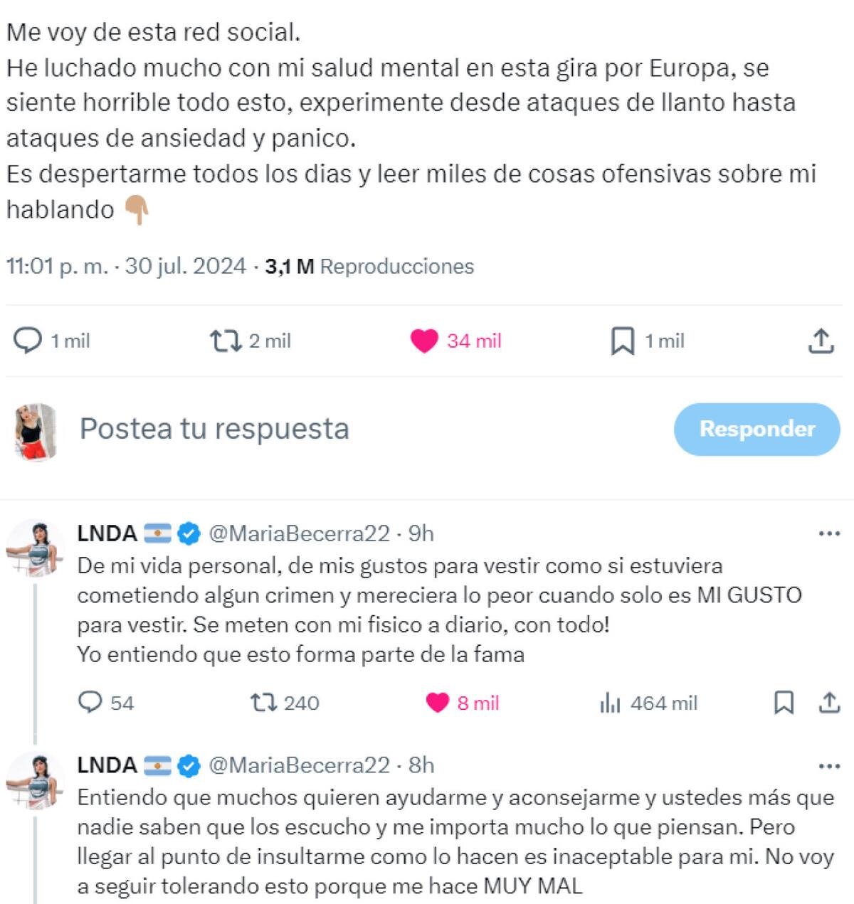 El descargo de María Becerra. Foto: Instagram.