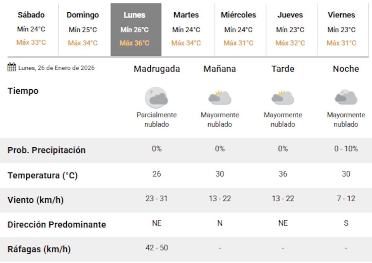El día más caluroso de la semana será el lunes 26 de enero.