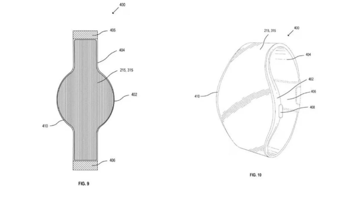 El diseño del nuevo reloj inteligente con pantalla plegable, de Apple. Foto: UPSTO.