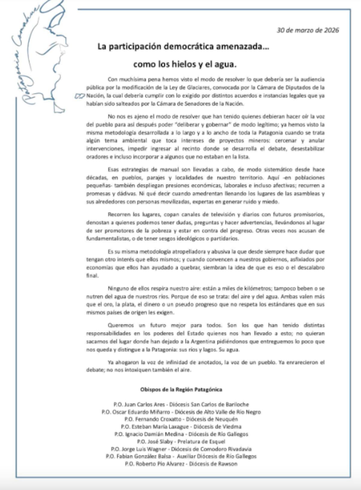 El documento de obispos de la Patagonia en contra de la Ley de Glaciares