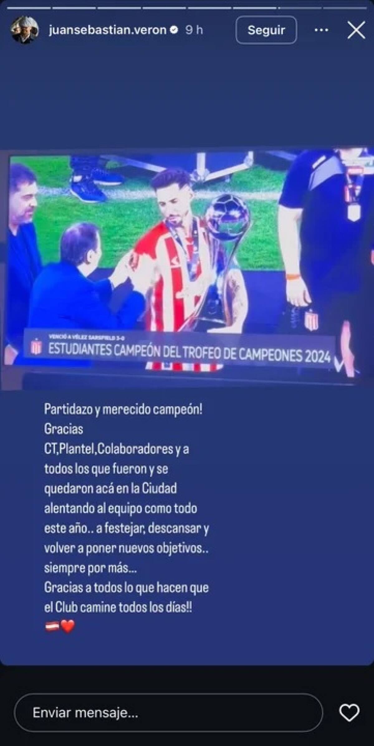 El festejo de Verón en las redes sociales por un nuevo título de Estudiantes de La Plata. NA