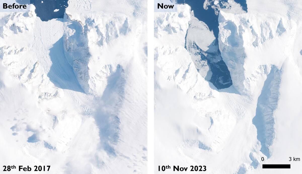 El glaciar Cadman antes y después del colapso de la plataforma de hielo. Foto: EFE