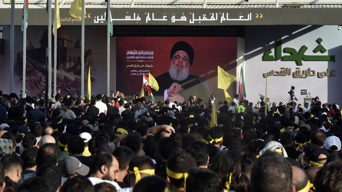 El líder del grupo libanés Hezbollah, Hasán Nasrala, durante su discurso. Foto: EFE.