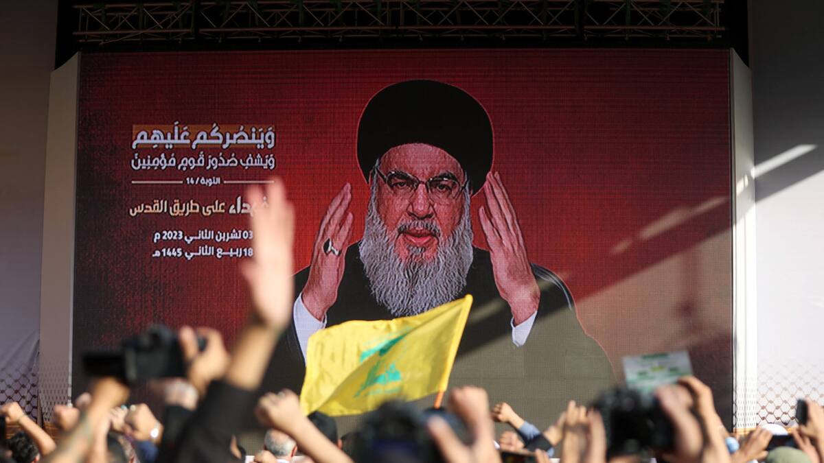 El líder del grupo libanés Hezbollah, Hasán Nasrala, durante su discurso. Foto: Reuters.