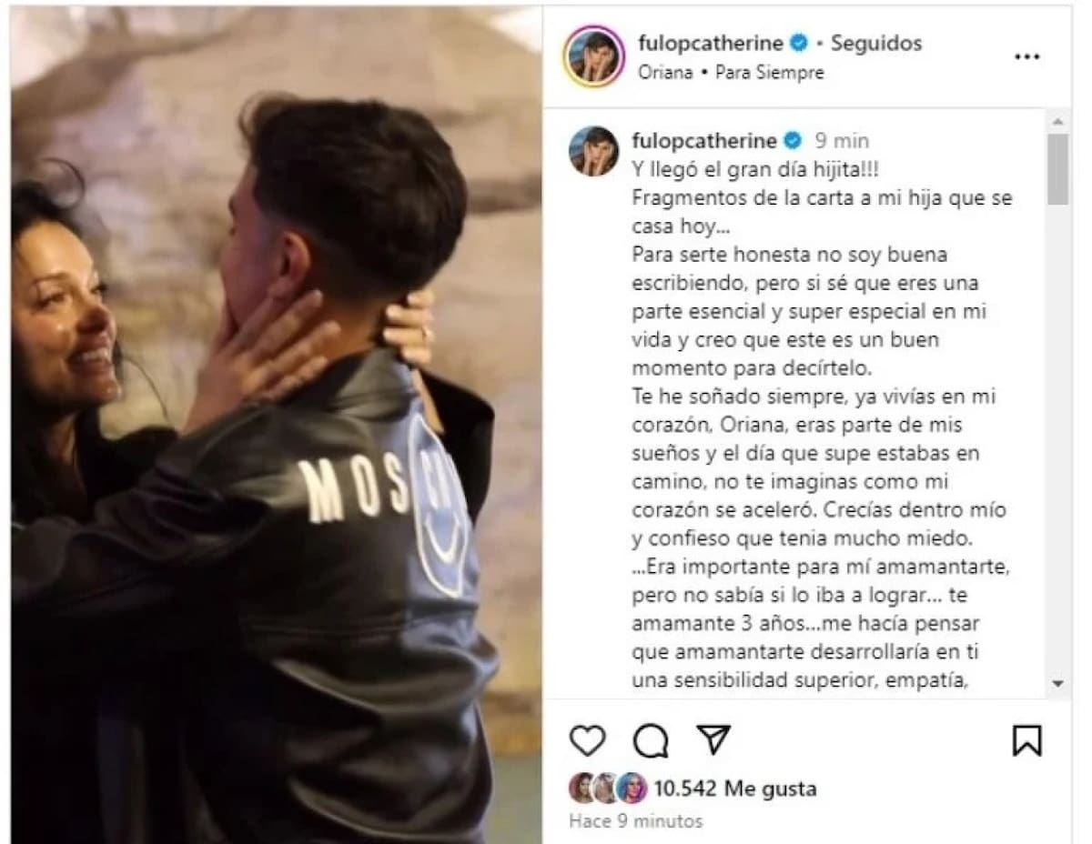 El mensaje de Catherine Fulop para Oriana. Fuente: Instagram.