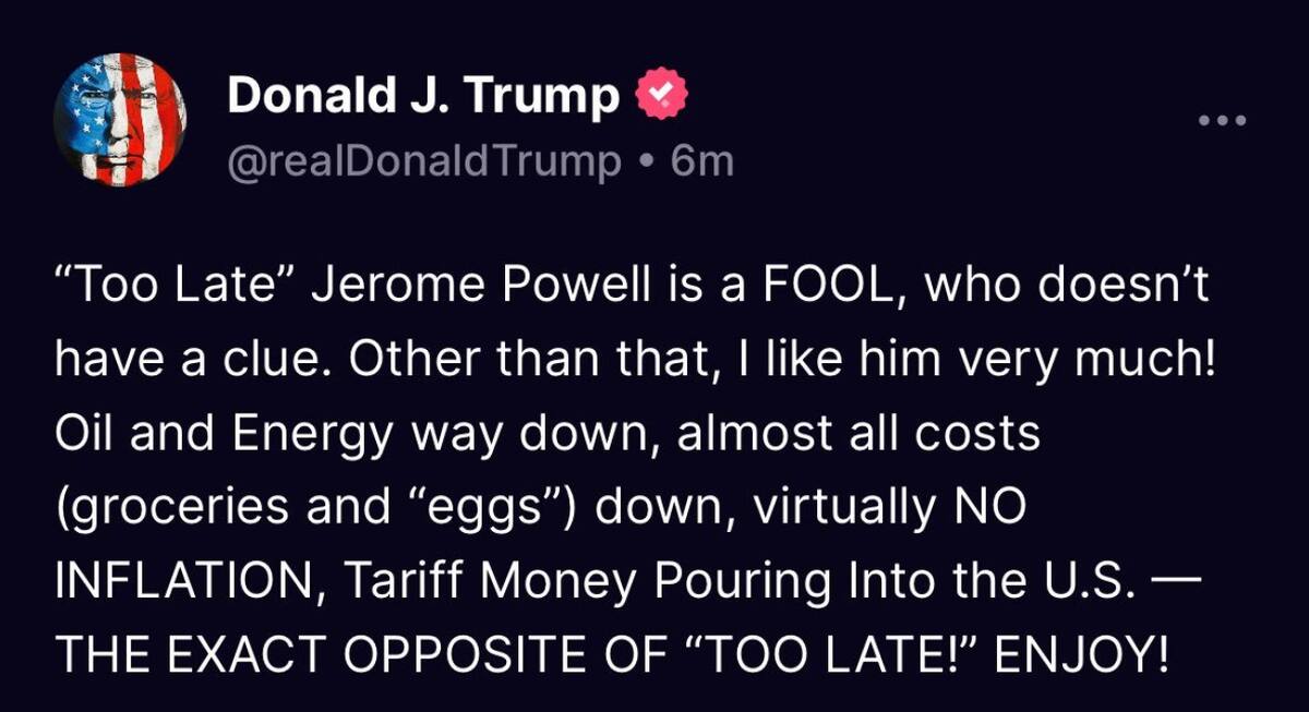 El mensaje de Donald Trump contra Jerome Powell, presidente de la Reserva Federal. Foto: Captura.
