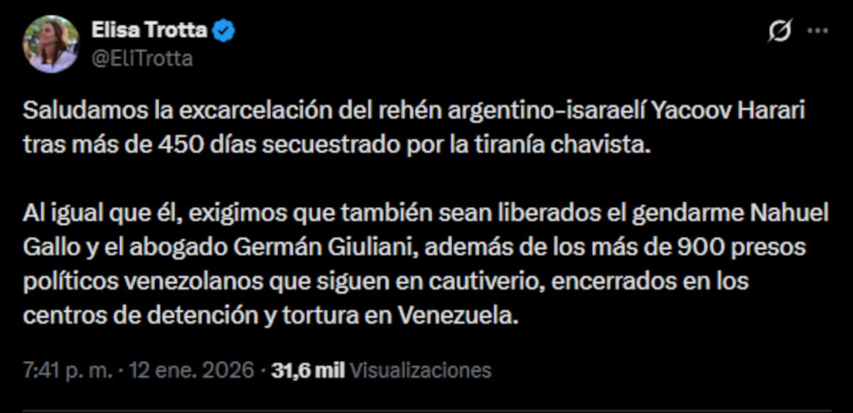 El mensaje de Elisa Trotta tras la liberación de Yacoov Harari.