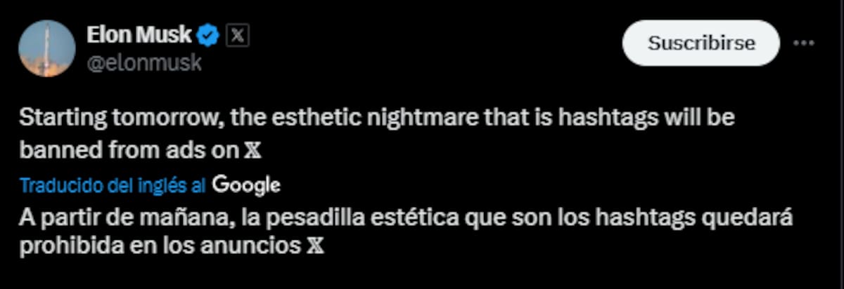 El mensaje de Elon Musk sobre los hashtags de X.