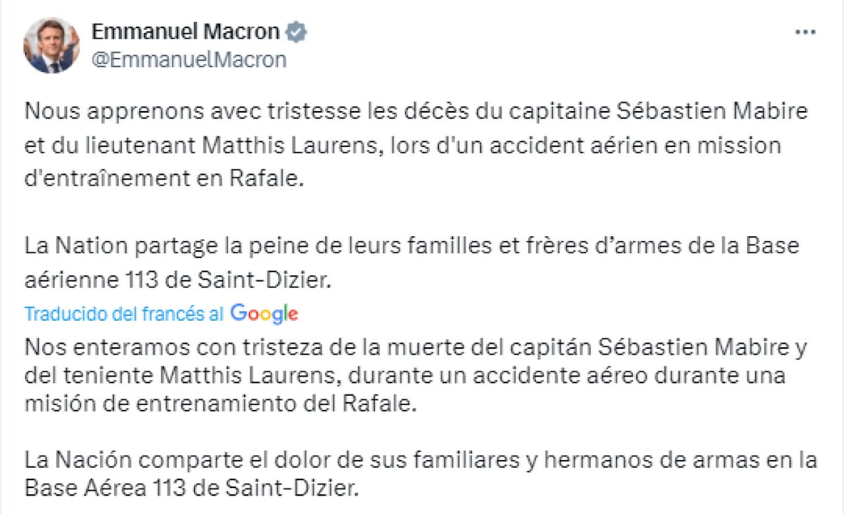 El mensaje de Emmanuel Macron tras el hallazgo de los cuerpos sin vida de los pilotos. Foto: Captura.