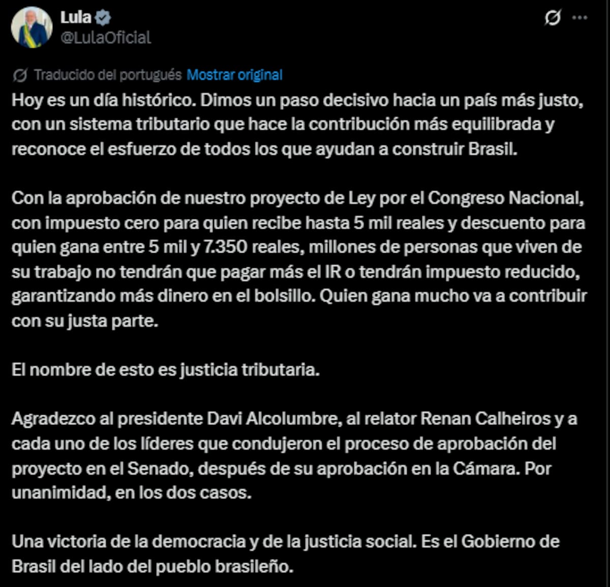 El mensaje de Lula da Silva tras la aprobación de la reforma fiscal.