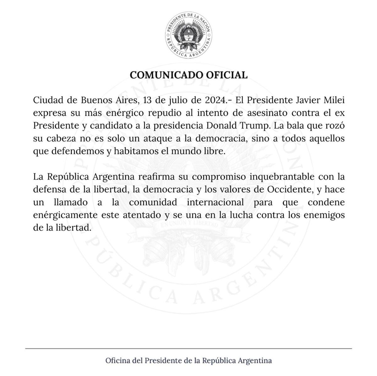 El mensaje de Milei tras el atentado contra Trump. Foto: X @OPRArgentina