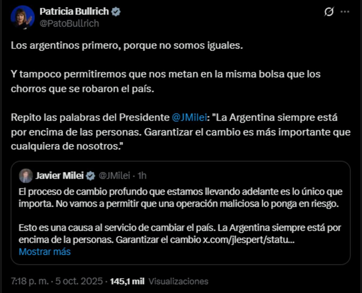 El mensaje de Patricia Bullrich tras la renuncia de Espert.