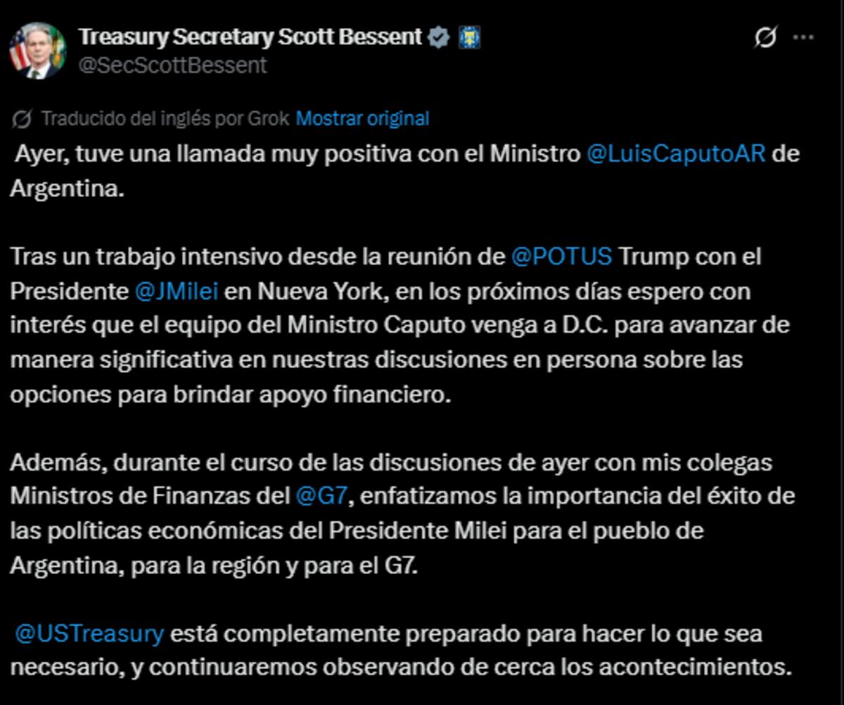El mensaje de Scott Bessent en apoyo al gobierno de Javier Milei.
